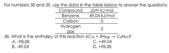 For numbers 38 and 39, use the data in the table below to answer the questions:
AHor kJ mol
49.04 k.J/mol
Compound
Benzene
Carbon
Hydrogen
gas
38. What is the enthalpy of this reaction 6C15) + 3H2(g) – CSH61 ?
A. -98.08
C. +49.04
B. -49.04
D. +98.08
