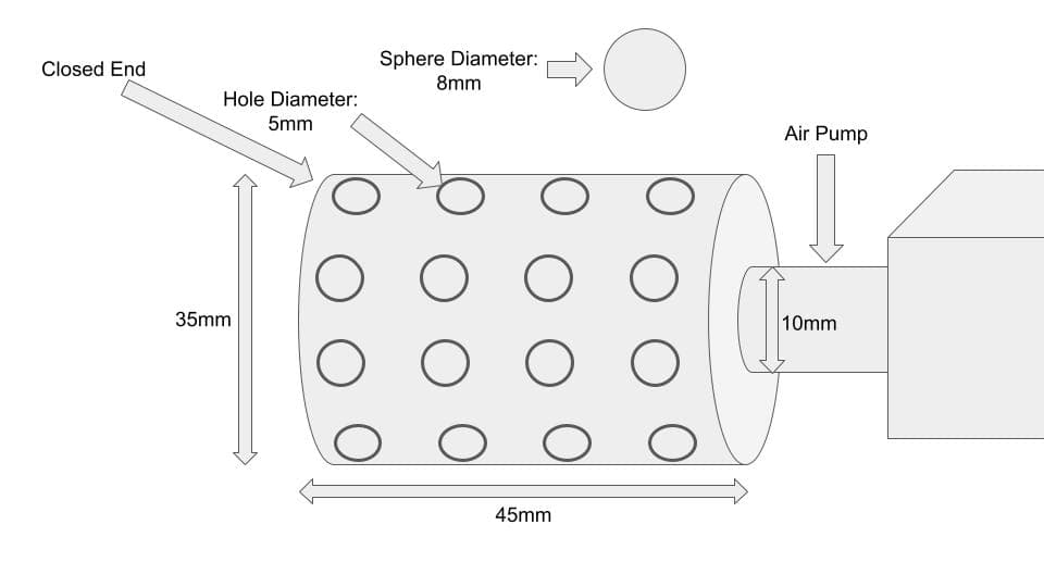 Sphere Diameter:
Closed End
8mm
Hole Diameter:
5mm
Air Pump
35mm
10mm
45mm
