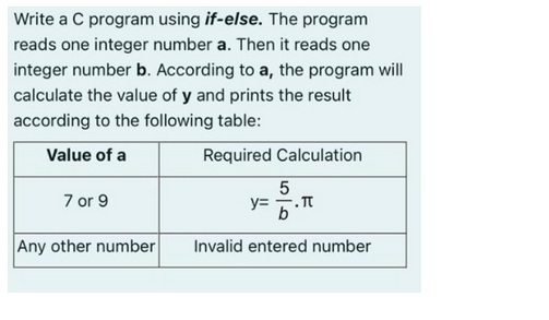 Write a C program using if-else. The program
reads one integer number a. Then it reads one
integer number b. According to a, the program will
calculate the value of y and prints the result
according to the following table:
Value of a
Required Calculation
7 or 9
Any other number
5
b
Invalid entered number
y=