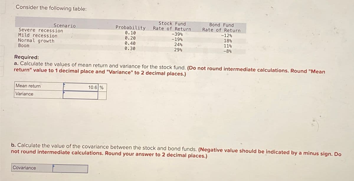 Consider the following table:
Scenario
Severe recession
Mild recession
Normal growth
Boom
Required:
Probability
0.10
Stock Fund
Rate of Return
-39%
Bond Fund
Rate of Return
-12%
0.20
-19%
18%
0.40
24%
11%
0.30
29%
-8%
a. Calculate the values of mean return and variance for the stock fund. (Do not round intermediate calculations. Round "Mean
return" value to 1 decimal place and "Variance" to 2 decimal places.)
Mean return
Variance
10.6 %
b. Calculate the value of the covariance between the stock and bond funds. (Negative value should be indicated by a minus sign. Do
not round intermediate calculations. Round your answer to 2 decimal places.)
Covariance