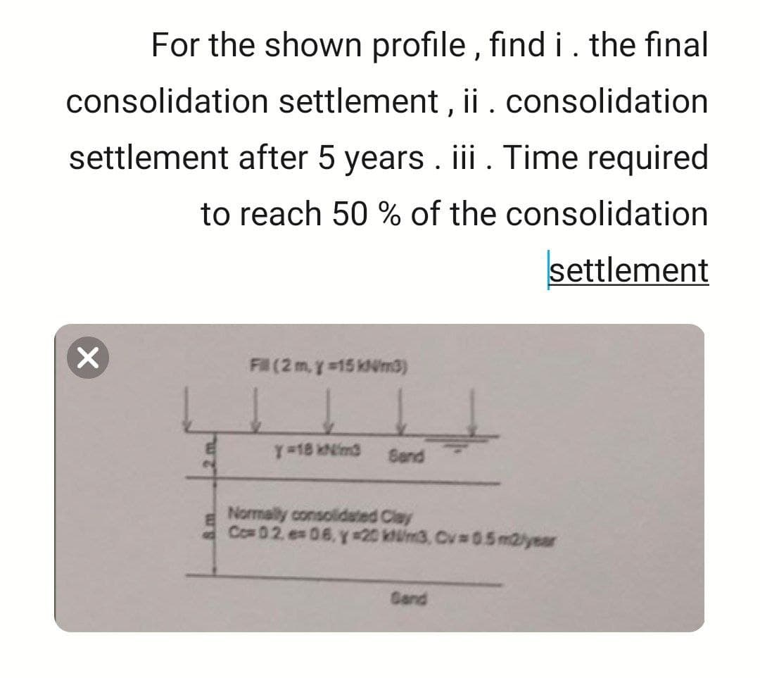 For the shown profile, find i . the final
consolidation settlement, ii . consolidation
settlement after 5 years . iii. Time required
to reach 50% of the consolidation
settlement
X
N
Fill (2 m, y =15 kN/m3)
Y-18 kN/m3 Sand
Normally consolidated Clay
Com 0.2. e=0.6, y 20 km3, Cv=0.5 m2 year
Gand