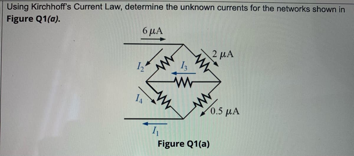 Using Kirchhoff's Current Law, determine the unknown currents for the networks shown in
Figure Q1(a).
6 µA
2 µA
Y0.5 µA
Figure Q1(a)
