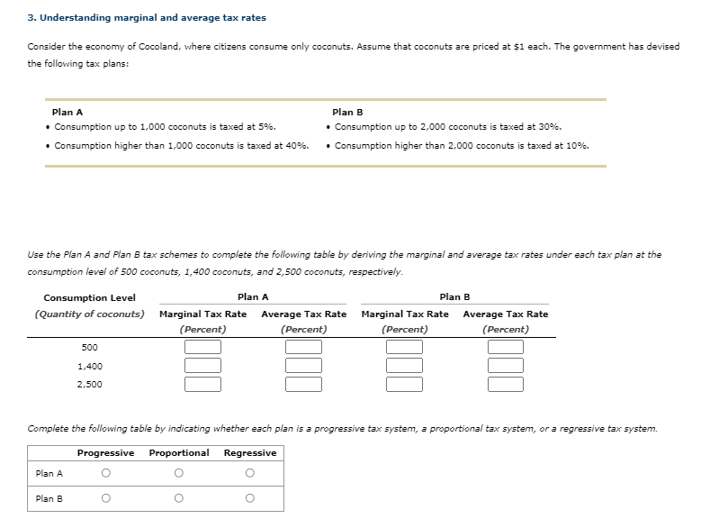 3. Understanding marginal and average tax rates
Consider the economy of Cocoland, where citizens consume only coconuts. Assume that coconuts are priced at $1 each. The government has devised
the following tax plans:
Plan A
Plan B
• Consumption up to 1,000 coconuts is taxed at 5%.
• Consumption up to 2,000 coconuts is taxed at 30%.
• Consumption higher than 1,000 coconuts is taxed at 40%.
• Consumption higher than 2,000 coconuts is taxed at 10%.
Use the Plan A and Plan B tax schemes to complete the following table by deriving the marginal and average tax rates under each tax plan at the
consumption level of 500 coconuts, 1,400 coconuts, and 2,500 coconuts, respectively.
Consumption Level
Plan A
Plan B
(Quantity of coconuts)
Marginal Tax Rate Average Tax Rate
Marginal Tax Rate Average Tax Rate
(Percent)
(Percent)
(Percent)
(Percent)
500
1,400
2,500
Complete the following table by indicating whether each plan is a progressive tax system, a proportional tax system, or a regressive tax system.
Progressive
Proportional
Regressive
Plan A
Plan B
