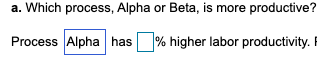 a. Which process, Alpha or Beta, is more productive?
Process Alpha has% higher labor productivity. F
