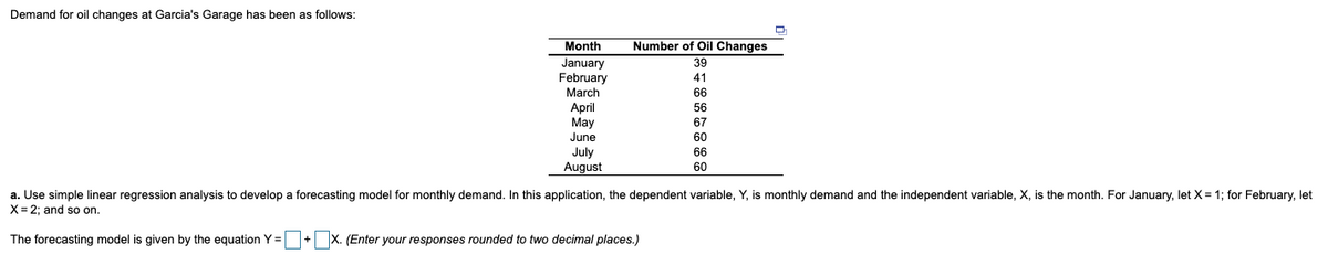 Demand for oil changes at Garcia's Garage has been as follows:
Month
Number of Oil Changes
January
February
March
39
41
66
April
56
May
June
67
60
July
August
66
60
a. Use simple linear regression analysis to develop a forecasting model for monthly demand. In this application, the dependent variable, Y, is monthly demand and the independent variable, X, is the month. For January, let X = 1; for February, let
X= 2; and so on.
The forecasting model is given by the equation Y =
+ X. (Enter your responses rounded to two decimal places.)
