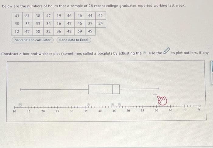 Below are the numbers of hours that a sample of 26 recent college graduates reported working last week.
43
61
38
47
19
46
46
44
45
58
35
53
36
16
47
46
37
24
12
47 58
32 36 42 59
49
Send data to calculator
Send data to Excel
Construct a box-and-whisker plot (sometimes called a boxplot) by adjusting the . Use the
to plot outliers, if any.
10
15
20
25
30
35
40
45
50
55
60
65
70
75
