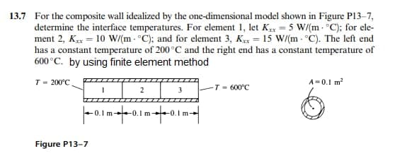 13.7 For the composite wall idealized by the one-dimensional model shown in Figure P13-7,
determine the interface temperatures. For element 1, let K = 5 W/(m - °C); for ele-
ment 2, Kx = 10 W/(m - °C); and for element 3, K = 15 W/(m - °C). The left end
has a constant temperature of 200°C and the right end has a constant temperature of
600 °C. by using finite element method
T- 200°C
A = 0.1 m
-T = 600°C
2
-0.1 m
Figure P13-7
