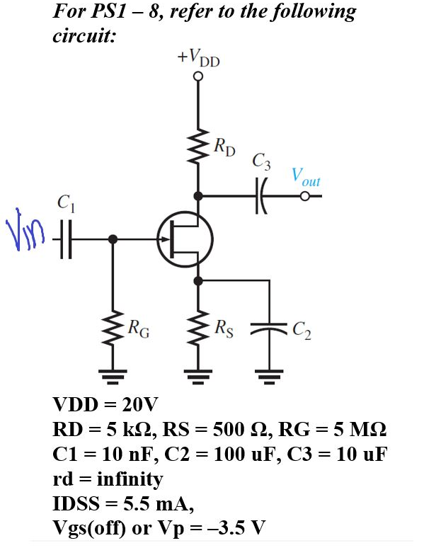 For PS1 – 8, refer to the following
circuit:
+VDD
RD
C3
V out
Vin
RG
Rs
C2
RD = 5 k2, RS = 500 2, RG= 5 M2
C1 = 10 nF, C2 = 100 uF, C3 = 10 uF
rd = infinity
IDSS = 5.5 mA,
Vgs(off) or Vp = -3.5 V
VDD = 20V
