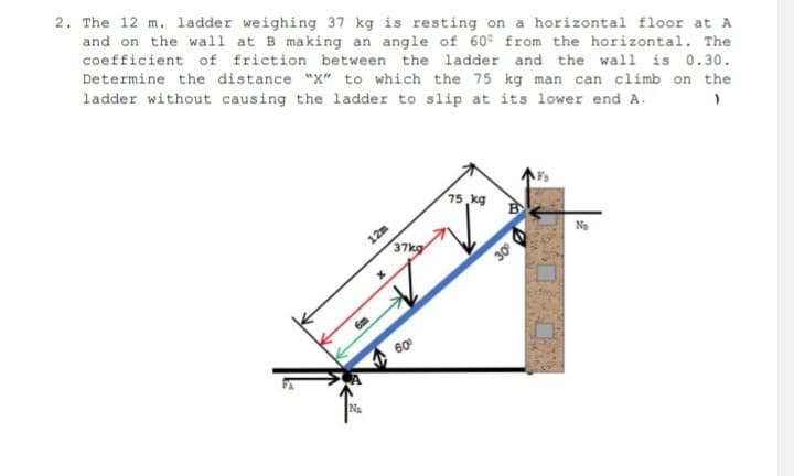2. The 12 m. ladder weighing 37 kg is resting on a horizontal floor at A
and on the wall at B making an angle of 60° from the horizontal. The
coefficient of friction between the ladder and the wall is 0.30.
Determine the distance "x" to which the 75 kg man can climb on the
ladder without causing the ladder to slip at its lower end A.
15, kg
12m
37kg
Na
30
60
NA
