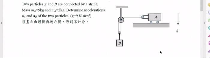 Two particles A and B are connected by a string.
Mass m-5kg and mg-2kg. Determine accelerations
a4 and as of the two particles. (g-9.81m/s²).
須畫自由體圖與動力圖,否則不計分。
B
A
G
G
E
E