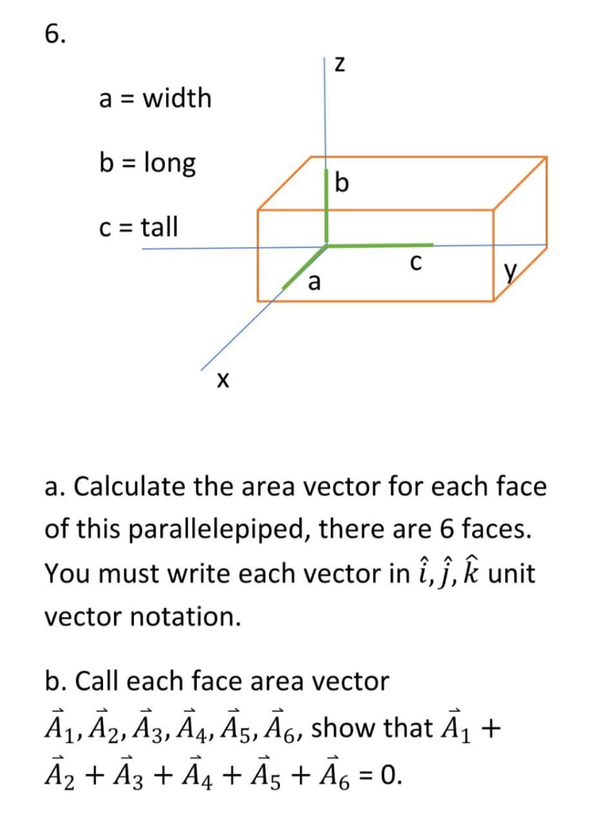 6.
a = width
b= long
c = tall
X
a
N
b
Y
a. Calculate the area vector for each face
of this parallelepiped, there are 6 faces.
You must write each vector in i, j, k unit
vector notation.
b. Call each face area vector
A₁, A2, A3, A4, A5, A6, show that A₁ +
1
A₂ + A3 + A4 + A5 + Ã6 = 0.