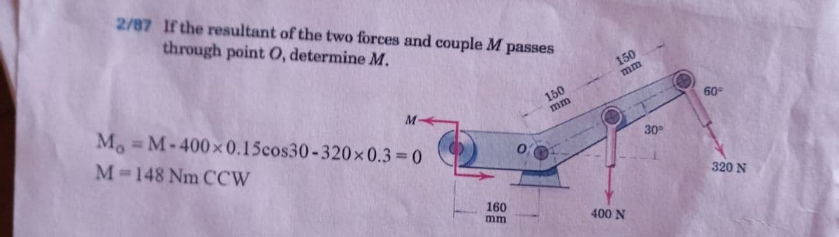 2/87 If the resultant of the two forces and couple M
through point 0, determine M.
passes
150
mm
Mo M-400x 0.15cos30-320×0.3 0
150
mm
%3D
M-
60°
M 148 Nm CCW
30
320 N
160
mm
400 N
