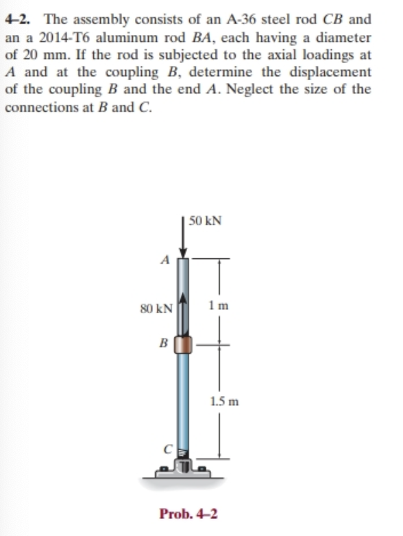 4-2. The assembly consists of an A-36 steel rod CB and
an a 2014-T6 aluminum rod BA, each having a diameter
of 20 mm. If the rod is subjected to the axial loadings at
A and at the coupling B, determine the displacement
of the coupling B and the end A. Neglect the size of the
connections at B and C.
80 KN
B
50 kN
1m
1.5 m
Prob. 4-2