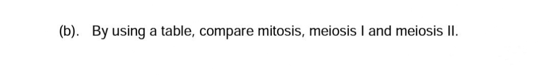 (b). By using a table, compare mitosis, meiosis I and meiosis II.
