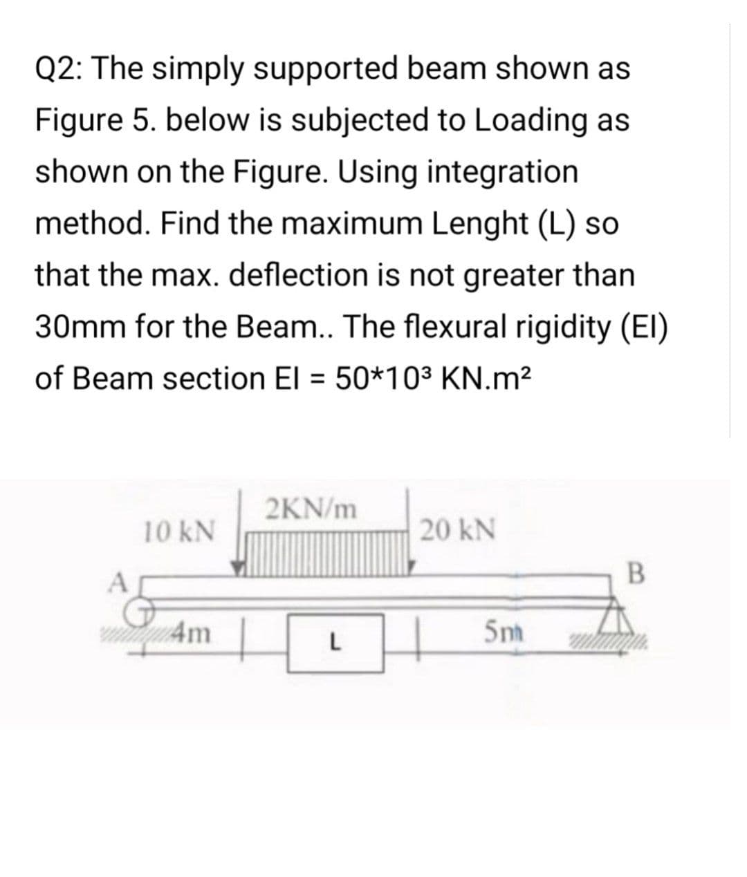 Q2: The simply supported beam shown as
Figure 5. below is subjected to Loading as
shown on the Figure. Using integration
method. Find the maximum Lenght (L) so
that the max. deflection is not greater than
30mm for the Beam.. The flexural rigidity (EI)
of Beam section El = 50*10³ KN.m²
2KN/m
10 kN
20 kN
5m
L
