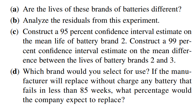 (a) Are the lives of these brands of batteries different?
(b) Analyze the residuals from this experiment.
(c) Construct a 95 percent confidence interval estimate on
the mean life of battery brand 2. Construct a 99 per-
cent confidence interval estimate on the mean differ-
ence between the lives of battery brands 2 and 3.
(d) Which brand would you select for use? If the manu-
facturer will replace without charge any battery that
fails in less than 85 weeks, what percentage would
the company expect to replace?