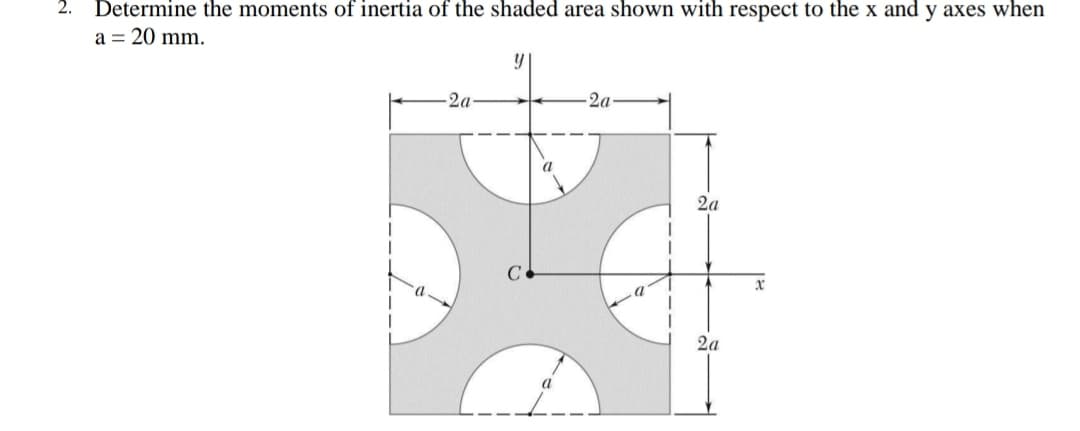 2.
Determine the moments of inertia of the shaded area shown with respect to the x and y axes when
a = 20 mm.
2a
a
2a
a
2a
