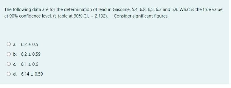 The following data are for the determination of lead in Gasoline: 5.4, 6.8, 6,5, 6.3 and 5.9. What is the true value
at 90% confidence level. (t-table at 90% C.L = 2.132). Consider significant figures,
а.
6.2 + 0.5
O b. 6.2 + 0.59
O c. 6.1 ± 0.6
O d. 6.14 + 0.59
