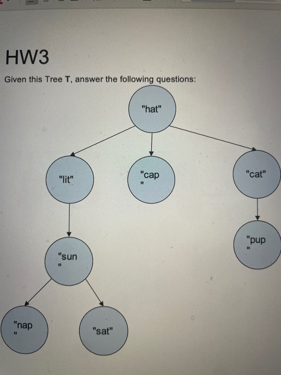 HW3
Given this Tree T, answer the following questions:
"nap
11
"lit"
"sun
11
"sat"
"hat"
"cap
11
"cat"
"pup
11