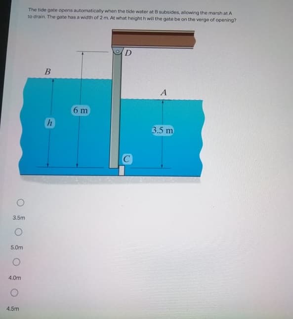 The tide gate opens automatically when the tide water at B subsides, allowing the marsh at A
to drain. The gate has a width of 2 m. At what height h will the gate be on the verge of opening?
6 m
3.5 m
C
3.5m
5.0m
4.0m
4.5m
