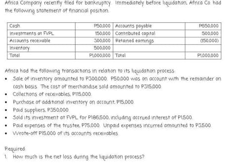 Africa Company recently filed for bankruptcy. Immediately before liquidation. Africa Co. had
the following statement of financial position
Cash
Investments at FVPL
Accounts receivable
Inventory
Total
P50,000 Accounts payable
P650,000
150,000 Contributed capital
500,000
300,000 Retained eamings
(150,000)
500,000
P1,000,000 Total
P1,000,000
Africa had the following transactions in relation to its liquidation process
• Sale of inventory amounted to P300,000. P50.000 was on account with the remainder on
cash basis. The cost of merchandise sold amounted to P315,000.
• Collections of receivables. P115.000.
Purchase of additional inventory on account. P15,000.
Paid suppliers, P350,000
Sold its investment at FVPL for P186500. including accrued interest of P1,500.
Paid expenses of the trustee. P75.000. Unpaid expenses incurred amounted to P3500
Wrote-off P15.000 of its accounts receivables
Required
1. How much is the net loss during the liquidation process?