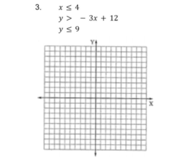 3.
x≤4
y> - 3x + 12
y ≤ 9
X