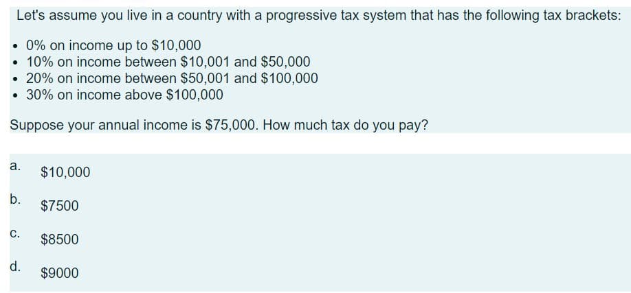 Let's assume you live in a country with a progressive tax system that has the following tax brackets:
• 0% on income up to $10,000
• 10% on income between $10,001 and $50,000
• 20% on income between $50,001 and $100,000
• 30% on income above $100,000
Suppose your annual income is $75,000. How much tax do you pay?
a. $10,000
b.
C.
d.
$7500
$8500
$9000