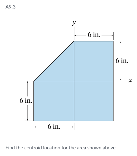 A9.3
6 in.
6 in..
y
6 in.
6 in.
Find the centroid location for the area shown above.
-X