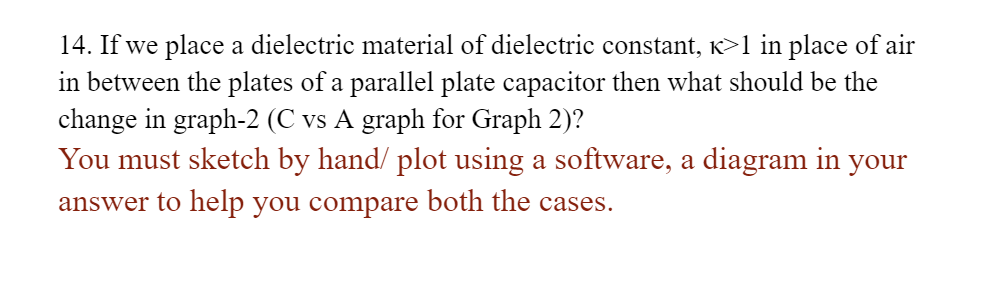14. If we place a dielectric material of dielectric constant, K>1 in place of air
in between the plates of a parallel plate capacitor then what should be the
change in graph-2 (C vs A graph for Graph 2)?
You must sketch by hand/ plot using a software, a diagram in your
answer to help you compare both the cases.
