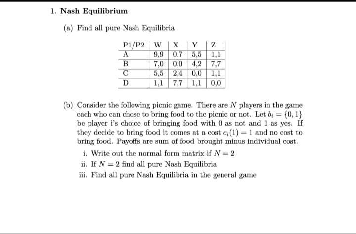 1. Nash Equilibrium
(a) Find all pure Nash Equilibria
P1/P2 W
X Y Z
9,9
0,7
5,5
1,1
7,0
0,0 4,2 7,7
5,5
2,4 0,0 1,1
1,1 7,7 1,1 0,0
A
B
C
D
(b) Consider the following picnic game. There are N players in the game
each who can chose to bring food to the picnic or not. Let b;= {0, 1}
be player i's choice of bringing food with 0 as not and 1 as yes. If
they decide to bring food it comes at a cost c;(1) = 1 and no cost to
bring food. Payoffs are sum of food brought minus individual cost.
i. Write out the normal form matrix if N = 2
ii. If N = 2 find all pure Nash Equilibria
iii. Find all pure Nash Equilibria in the general game