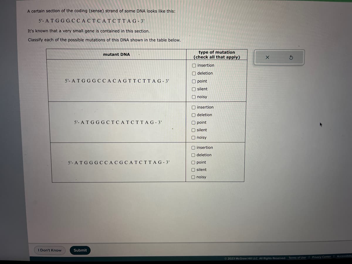 A certain section of the coding (sense) strand of some DNA looks like this:
5'-
ATGGGCCACTCATCTTAG-3'
It's known that a very small gene is contained in this section.
Classify each of the possible mutations of this DNA shown in the table below.
I Don't Know
mutant DNA
5'- ATG GGCCACAGTTCTTAG-3'
5'- ATG GG CTCATCTTAG - 3'
5'- ATG GGCCACGCATCTTAG-3'
Submit
type of mutation
(check all that apply)
ооооо
O point
O silent
O noisy
ооооо
insertion
deletion
insertion
O deletion
Opoint
Osilent
noisy
insertion
O deletion
ооооо
Opoint
silent
O noisy
X
S
Ⓒ2023 McGraw Hill LLC. All Rights Reserved. Terms of Use | Privacy Center Accessibility