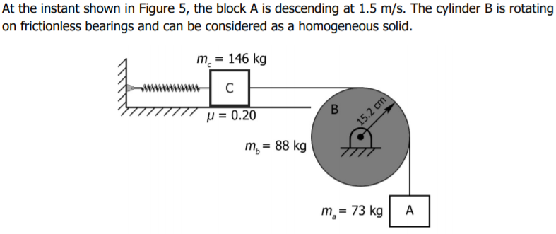 At the instant shown in Figure 5, the block A is descending at 1.5 m/s. The cylinder B is rotating
on frictionless bearings and can be considered as a homogeneous solid.
m. = 146 kg
µ = 0.20
B
15.2 cm
m, = 88 kg
m, = 73 kg
A
