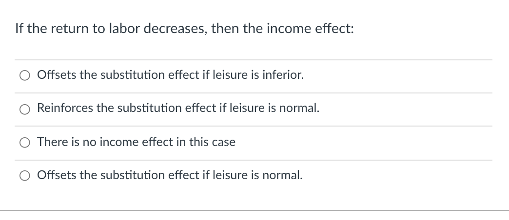 If the return to labor decreases, then the income effect:
Offsets the substitution effect if leisure is inferior.
Reinforces the substitution effect if leisure is normal.
There is no income effect in this case
Offsets the substitution effect if leisure is normal.
