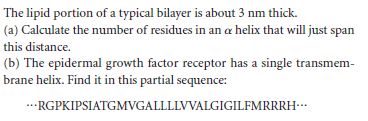 The lipid portion of a typical bilayer is about 3 nm thick.
(a) Calculate the number of residues in an a helix that will just span
this distance.
(b) The epidermal growth factor receptor has a single transmem-
brane helix. Find it in this partial sequence:
.--RGPKIPSIATGMVGALLLLVVALGIGILFMRRRH-…
