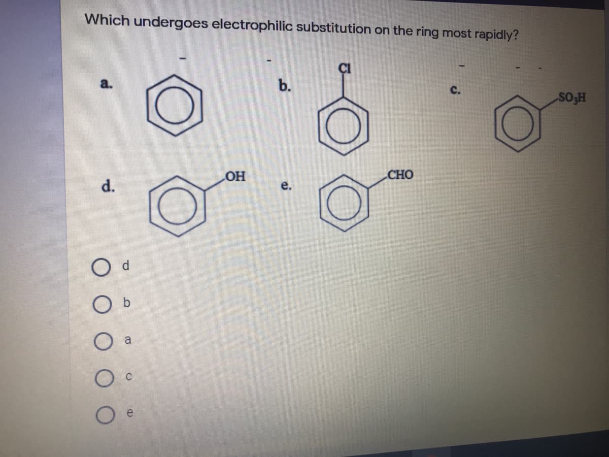 Which undergoes electrophilic substitution on the ring most rapidly?
a.
b.
HOT
CHO
d.
е.
a

