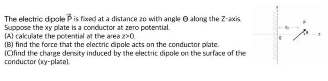 The electric dipole P is fixed at a distance zo with angle along the Z-axis.
Suppose the xy plate is a conductor at zero potential.
(A) calculate the potential at the area z>0.
(B) find the force that the electric dipole acts on the conductor plate.
(C)find the charge density induced by the electric dipole on the surface of the
conductor (xy-plate).