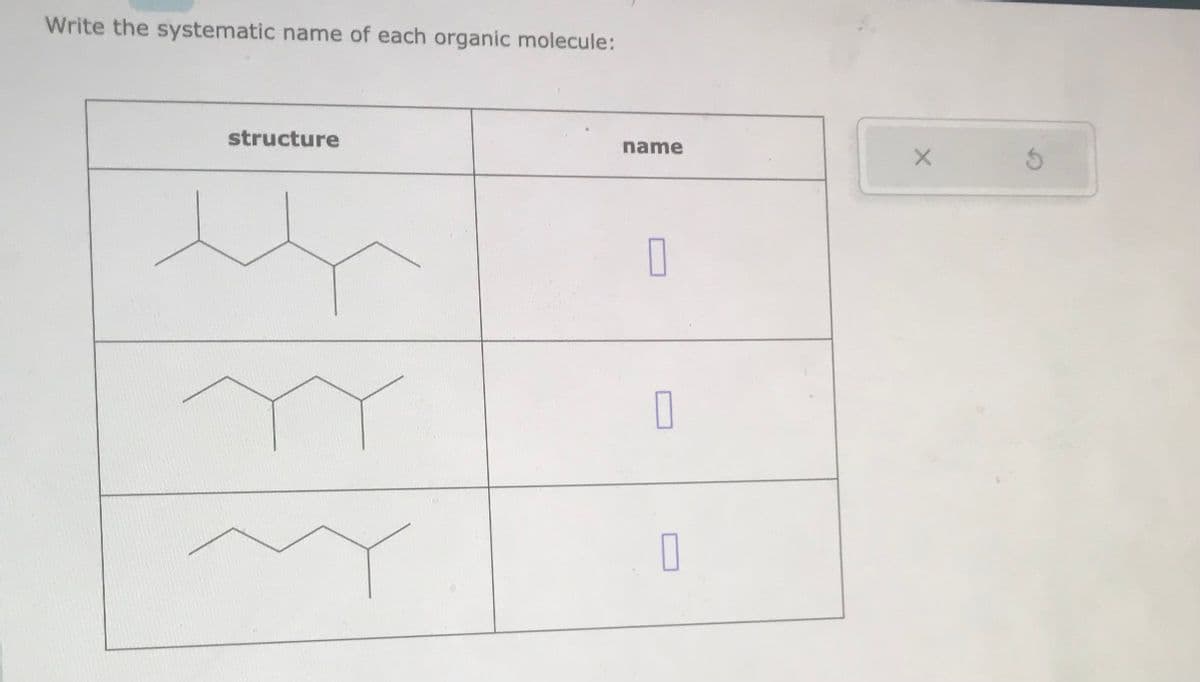 Write the systematic name of each organic molecule:
structure
name
0
0
X