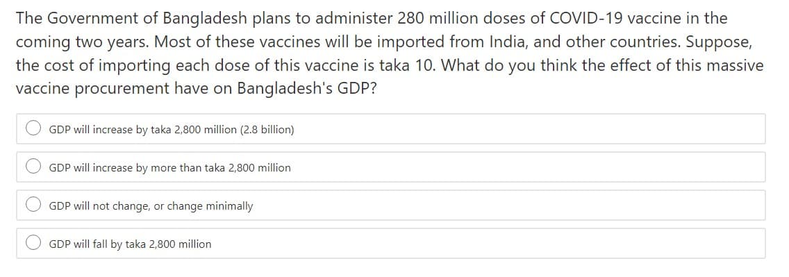 The Government of Bangladesh plans to administer 280 million doses of COVID-19 vaccine in the
coming two years. Most of these vaccines will be imported from India, and other countries. Suppose,
the cost of importing each dose of this vaccine is taka 10. What do you think the effect of this massive
vaccine procurement have on Bangladesh's GDP?
GDP will increase by taka 2,800 million (2.8 billion)
GDP will increase by more than taka 2,800 million
GDP will not change, or change minimally
GDP will fall by taka 2,800 million
O O
