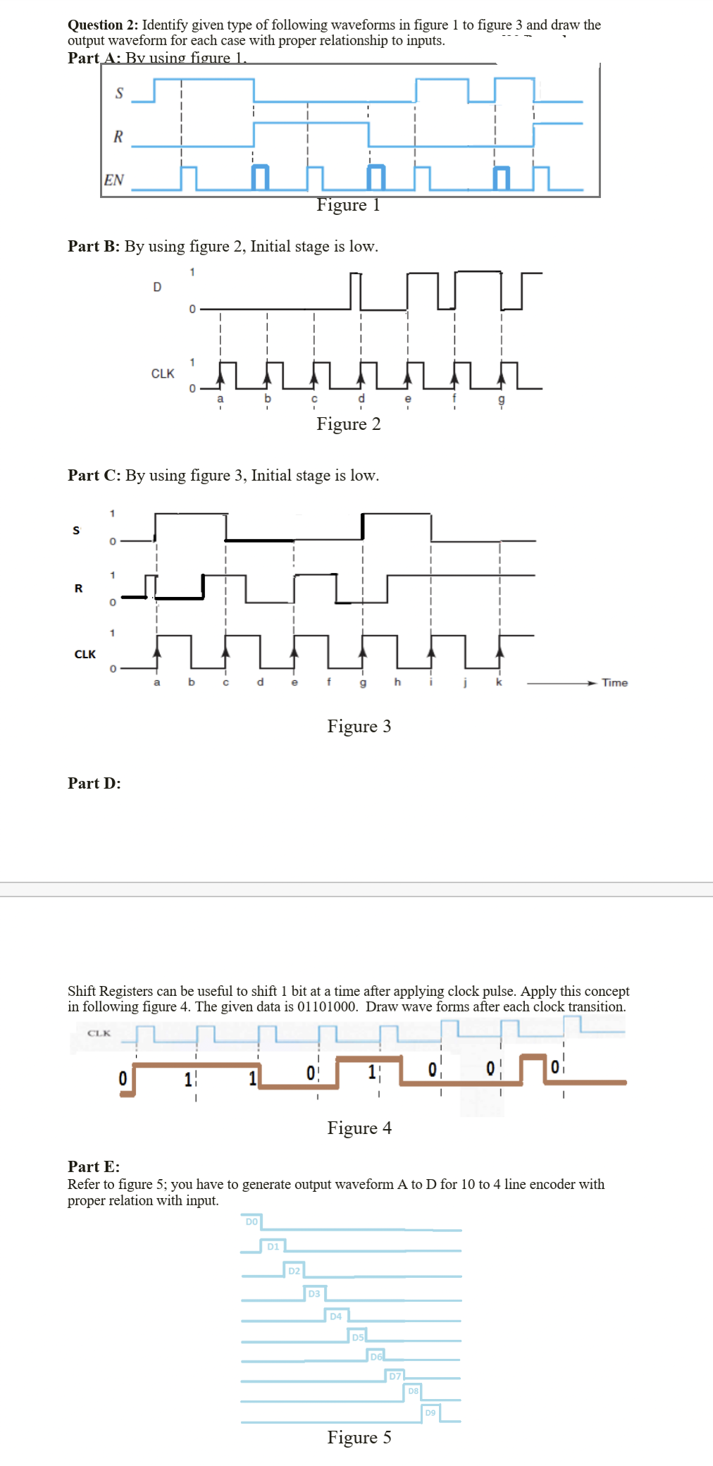 Question 2: Identify given type of following waveforms in figure 1 to figure 3 and draw the
output waveform for each case with proper relationship to inputs.
Part A: By using figure 1
S
R
EN
Figure 1
Part B: By using figure 2, Initial stage is low.
1
CLK
d
Figure 2
Part C: By using figure 3, Initial stage is low.
S
R
CLK
b c d e
f
gh
i j
Time
Figure 3
Part D:
Shift Registers can be useful to shift 1 bit at a time after applying clock pulse. Apply this concept
in following figure 4. The given data is 01101000. Draw wave forms after each clock transition.
CLK
1!
Figure 4
Part E:
Refer to figure 5; you have to generate output waveform A to D for 10 to 4 line encoder with
proper relation with input.
DO
D1
D2
D3
D4
D5
D6
D8
D9
Figure 5
