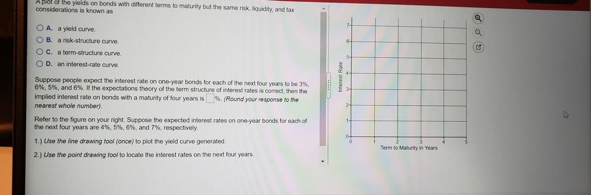 A plot of the yields on bonds with different terms to maturity but the same risk, liquidity, and tax
considerations is known as
O A. a yield curve.
B. a risk-structure curve.
OC. a term-structure curve.
5-
O D. an interest-rate curve.
Suppose people expect the interest rate on one-year bonds for each of the next four years to be 3%,
6%, 5%, and 6%. If the expectations theory of the term structure of interest rates is correct, then the
implied interest rate on bonds with a maturity of four years is
nearest whole number).
%. (Round your response to the
2-
Refer to the figure on your right. Suppose the expected interest rates on one-year bonds for each of
the next four years are 4%, 5%, 6%, and 7%, respectively.
1.
1.) Use the line drawing tool (once) to plot the yield curve generated.
3
Term to Maturity in Years
2.) Use the point drawing tool to locate the interest rates on the next four years.
5.
3-
Interest Rate
.....
