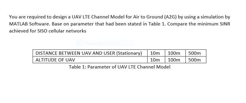 You are required to design a UAV LTE Channel Model for Air to Ground (A2G) by using a simulation by
MATLAB Software. Base on parameter that had been stated in Table 1. Compare the minimum SINR
achieved for SISO cellular networks
DISTANCE BETWEEN UAV AND USER (Stationary)
10m
100m
500m
ALTITUDE OF UAV
10m
100m
500m
Table 1: Parameter of UAV LTE Channel Model
