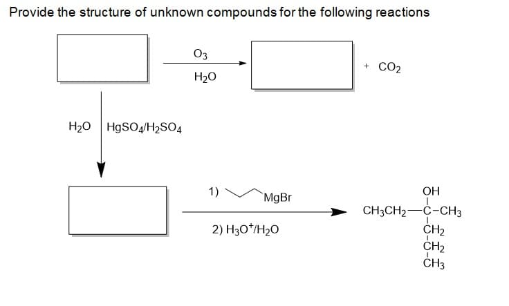 Provide the structure of unknown compounds for the following reactions
03
CO2
+
H2O
H20 HgSO4/H2SO4
OH
1)
MgBr
CH3CH2-C-CH3
CH2
CH2
ČH3
2) H30*/H20
