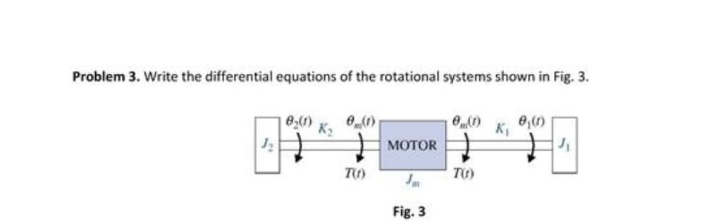 Problem 3. Write the differential equations of the rotational systems shown in Fig. 3.
J₂
0₂(1)
K₂
8(1)
T(1)
MOTOR
Fig. 3
8(1)
T(1)
K₁
0₁ (1)