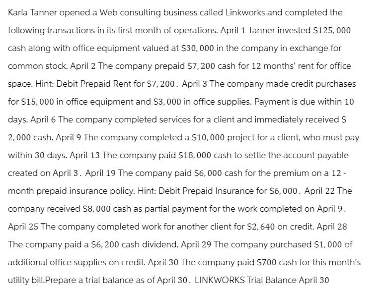 Karla Tanner opened a Web consulting business called Linkworks and completed the
following transactions in its first month of operations. April 1 Tanner invested $125,000
cash along with office equipment valued at $30,000 in the company in exchange for
common stock. April 2 The company prepaid $7,200 cash for 12 months' rent for office
space. Hint: Debit Prepaid Rent for $7,200. April 3 The company made credit purchases
for $15,000 in office equipment and $3,000 in office supplies. Payment is due within 10
days. April 6 The company completed services for a client and immediately received S
2,000 cash. April 9 The company completed a $10,000 project for a client, who must pay
within 30 days. April 13 The company paid $18,000 cash to settle the account payable
created on April 3. April 19 The company paid $6,000 cash for the premium on a 12 -
month prepaid insurance policy. Hint: Debit Prepaid Insurance for $6,000. April 22 The
company received $8,000 cash as partial payment for the work completed on April 9.
April 25 The company completed work for another client for $2,640 on credit. April 28
The company paid a $6,200 cash dividend. April 29 The company purchased $1,000 of
additional office supplies on credit. April 30 The company paid $700 cash for this month's
utility bill.Prepare a trial balance as of April 30. LINKWORKS Trial Balance April 30