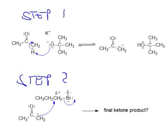 STEP I
K*
CH3
CH3- CH2 Ö-C-CH3
CH3
:0:
:0:
CH3
Hộ-c-CH,
CH3
CH CCH2
6+ 8-
CH3CH2CH2-Br:
:0:
final ketone product?
CH CH2
