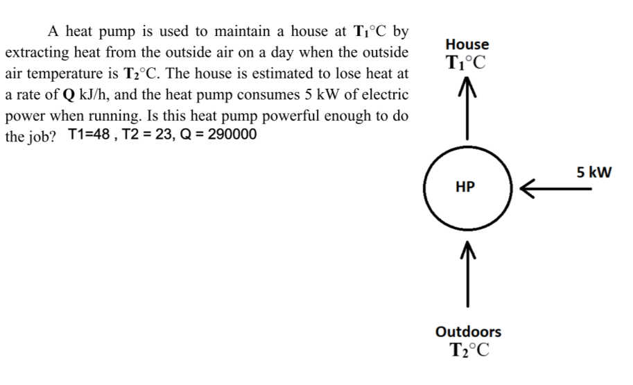 A heat pump is used to maintain a house at T1°C by
House
extracting heat from the outside air on a day when the outside
air temperature is T2°C. The house is estimated to lose heat at
a rate of Q kJ/h, and the heat pump consumes 5 kW of electric
power when running. Is this heat pump powerful enough to do
the job? T1=48 , T2 = 23, Q = 290000
T1°C
5 kw
HP
Outdoors
T2°C
