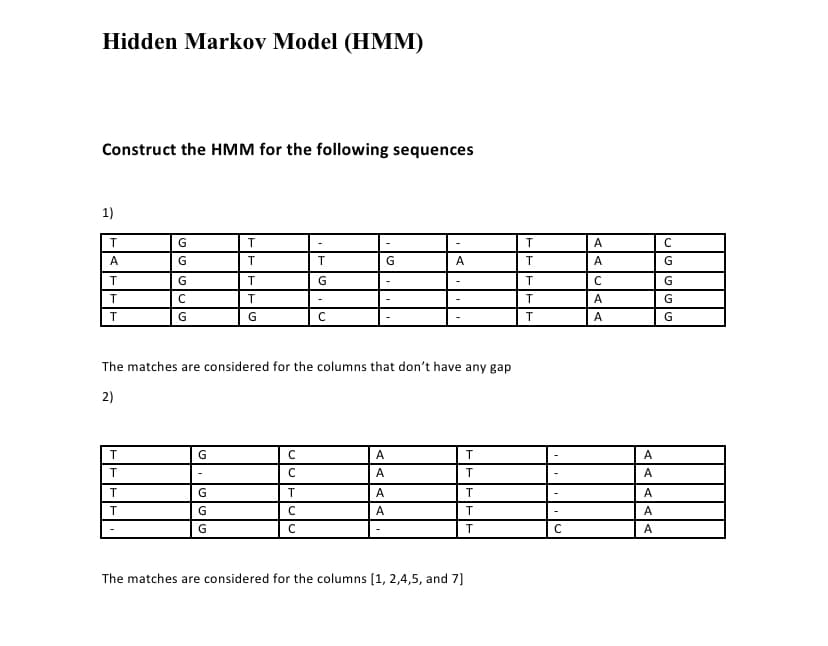 Hidden Markov Model (HMM)
Construct the HMM for the following sequences
1)
G
A
А
G
A
A
G
G
C
A
G
G
A
The matches are considered for the columns that don't have any gap
2)
A
A
A
A
G
A
A
A
A
A
The matches are considered for the columns [1, 2,4,5, and 7]
