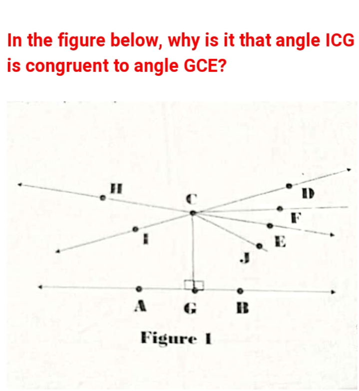 In the figure below, why is it that angle ICG
is congruent to angle GCE?
G
B
Figure I
