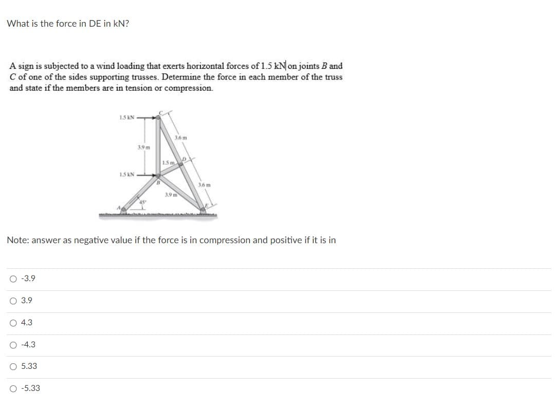 What is the force in DE in kN?
A sign is subjected to a wind loading that exerts horizontal forces of 1.5 kN on joints B and
C of one of the sides supporting trusses. Determine the force in each member of the truss
and state if the members are in tension or compression.
1.5 KN
36m
3.9 m
15m
1.5 KN
3.6m
3.9 m
45°
Note: answer as negative value if the force is in compression and positive if it is in
O -3.9
3.9
4.3
O -4.3
O 5.33
O -5.33
