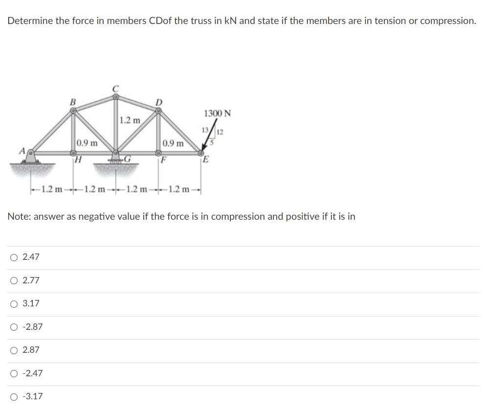 Determine the force in members CDof the truss in kN and state if the members are in tension or compression.
1300 N
1.2 m
13/12
0.9 m
0.9 m
alelea
-1.2 m--1.2 m-1.2 m-1.2 m-
Note: answer as negative value if the force is in compression and positive if it is in
O 2.47
O 2.77
О 3.17
-2.87
O 2.87
O -2.47
O -3.17
